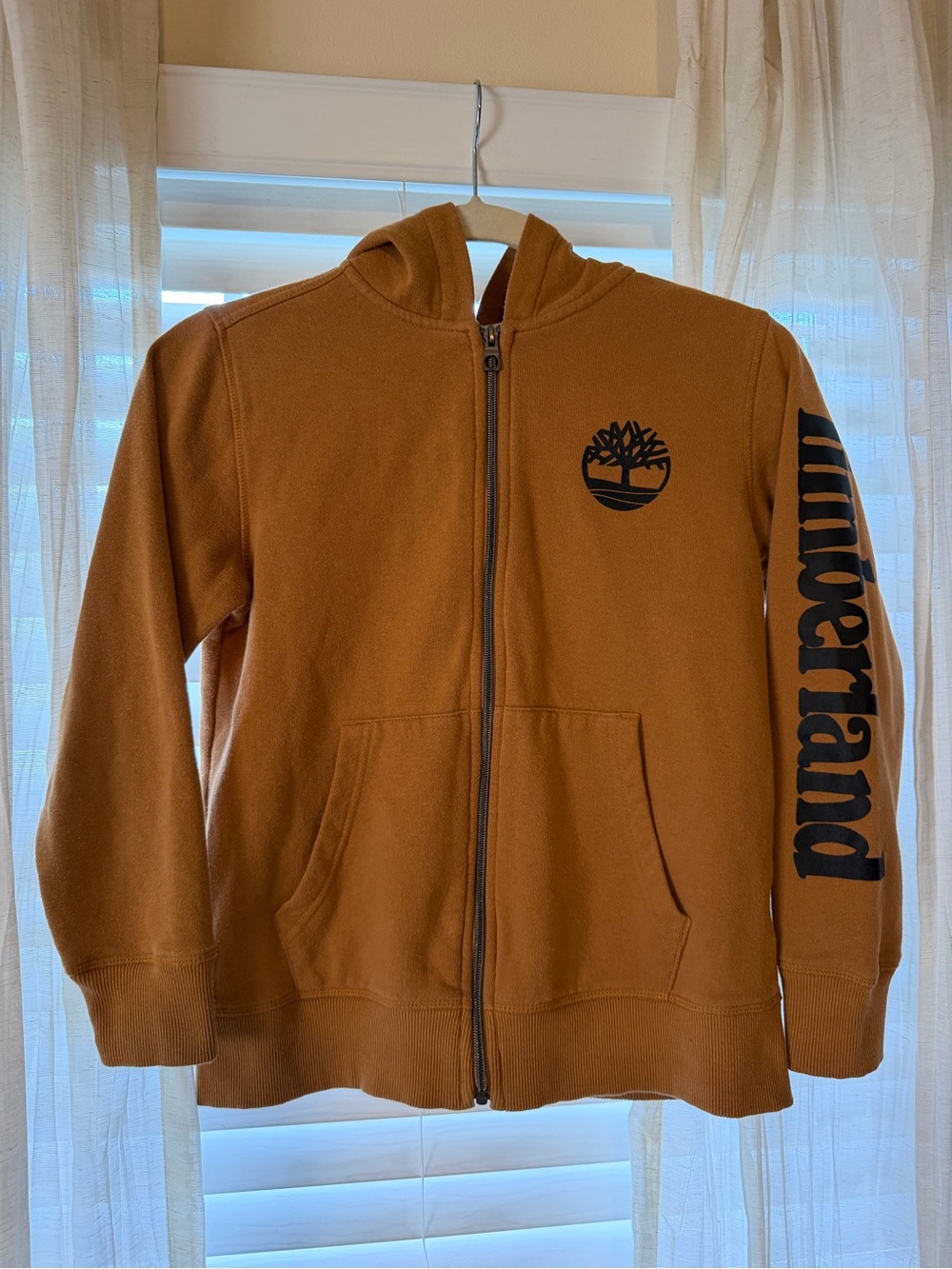 Timberland Boys' Hooded Zip-Up Jacket in Caramel Brown with Black Logo